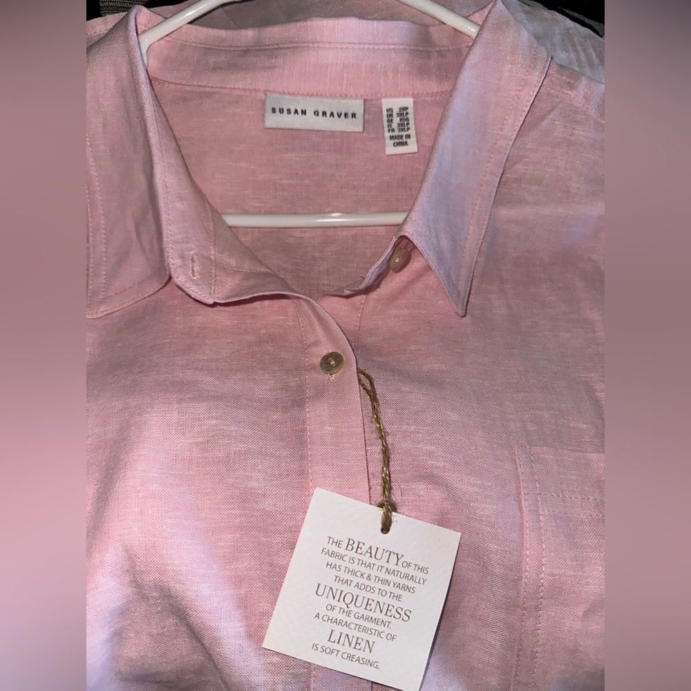 NWT Susan Graver Light Pink Linen button down shirt
